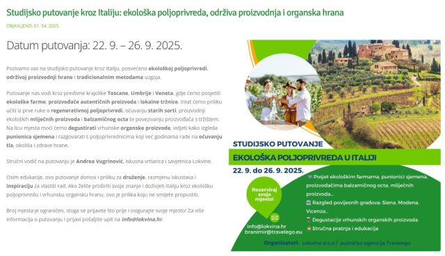 Studijsko putovanje kroz Italiju: ekološka poljoprivreda, održiva proizvodnja i organska hrana